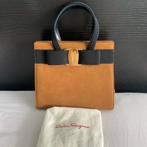SALVATORE FERRAGAMO Suede Vara Bow Handbag Brown